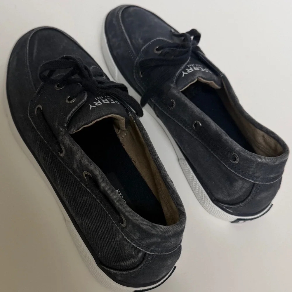 Sperry Top-Sider Mens Washed Navy Blue Canvas Boat Shoes Minimalist Sneakers 10